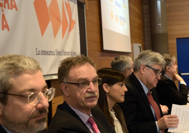 Furio Honsell (Sindaco Udine), Maurizio Fermeglia (Rettore Università Trieste), Debora Serracchiani (Presidente Regione Friuli Venezia Giulia) e Alberto Felice De Toni (Rettore Università Udine) al dibattito "Per una nuova primavera dell'Università" al polo economico dell'Ateneo - Udine 21/03/2016